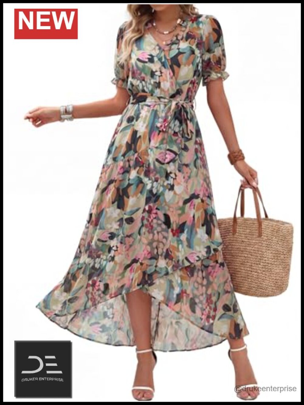 Womens Chiffon Floral Maxi Dress Puff Sleeve Wrap Wedding Guest Beach